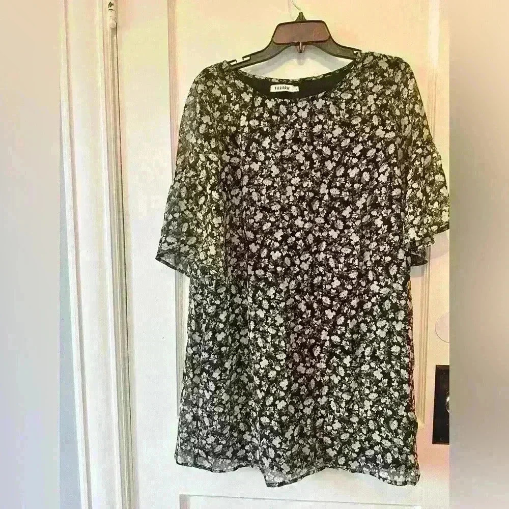 Farrow floral boho bell-sleeve dress – romantic ditsy print, black/ivory, size L